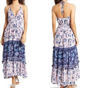 Area‎ Stars Riviera Floral Tassel Halter Maxi Dress MEDIUM